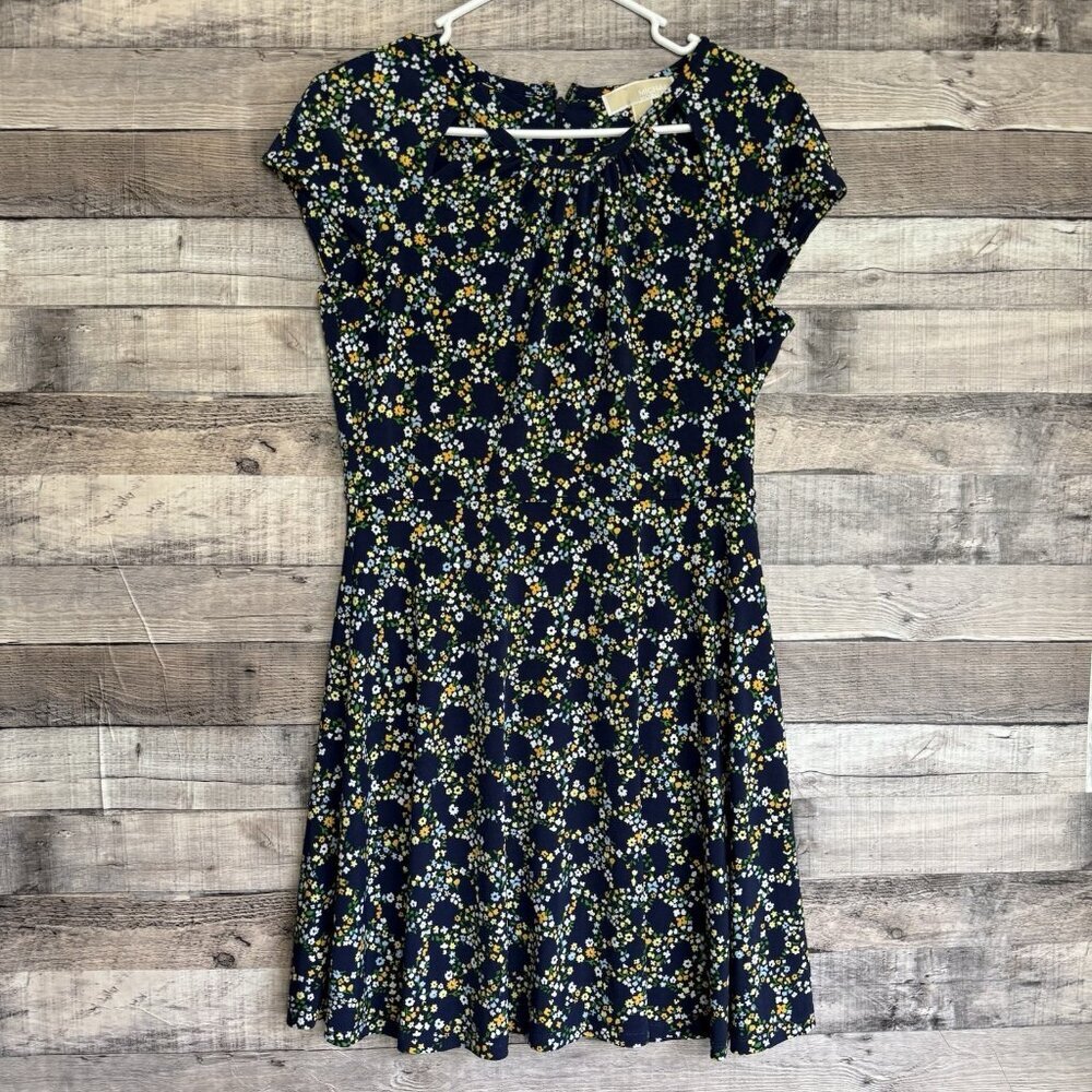 Michael Kors Women's Hayden Shirred Neck Navy Floral Dress Size P/M